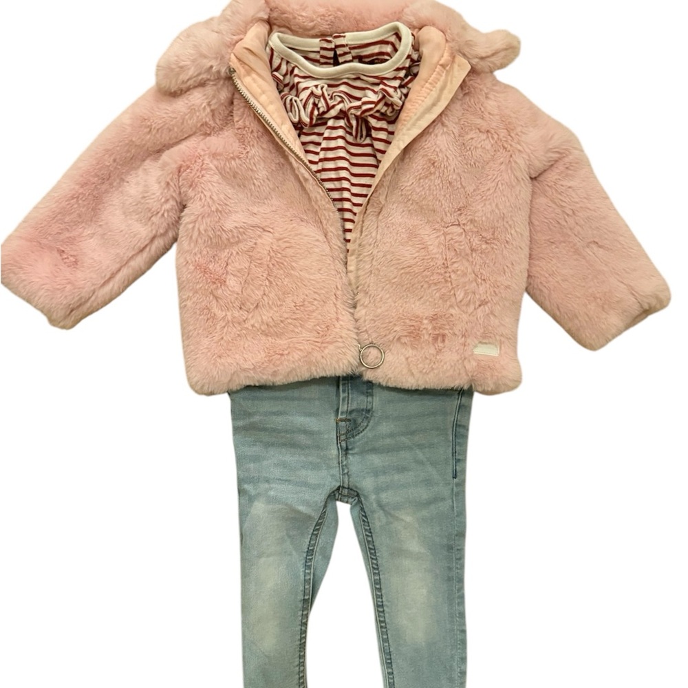 Adorable Pink Faux Fur Jacket with Striped Top and Jeans set 18mo